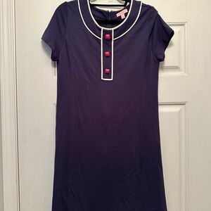 Lilly Pulitzer Navy Midi Dress with White Trim and Pink Buttons